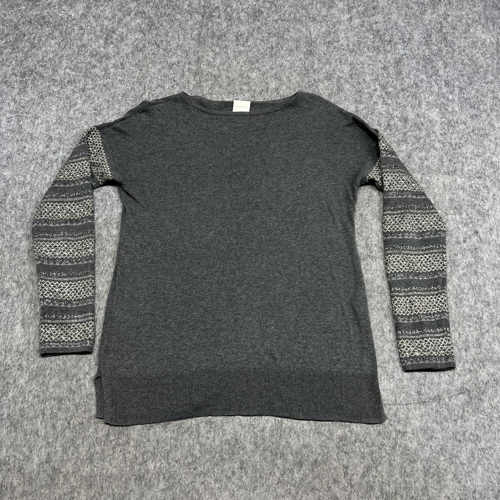 Chicos Top Womens 0 Gray Fair Isle‎ Metallic Sleeve Boat Neck Pullover Casual